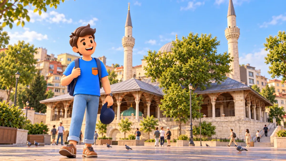 RoadMe character holding a cap near Mihrimah Sultan Mosque in Üsküdar