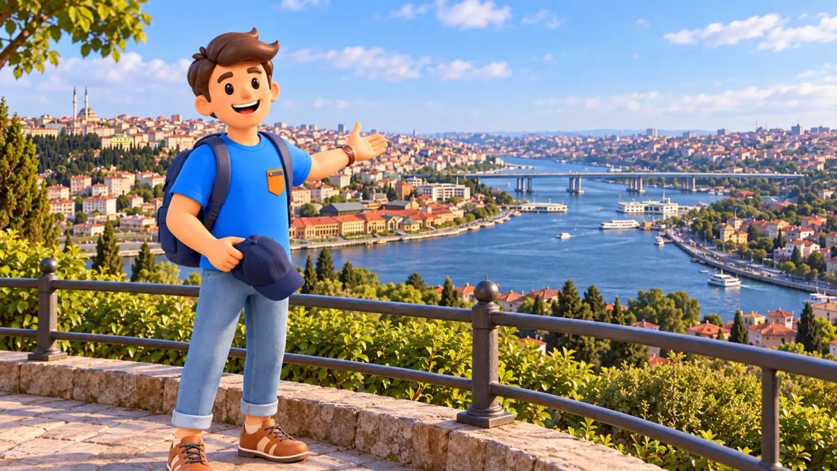 RoadMe character holding a cap at a lookout above the Golden Horn