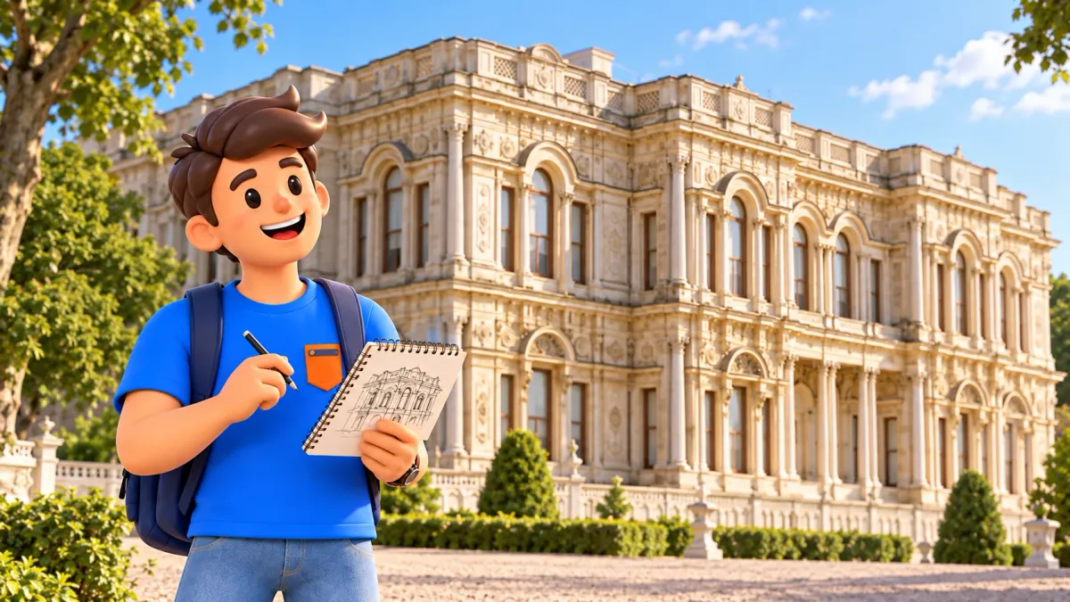 RoadMe character sketching Beylerbeyi Palace in a notebook