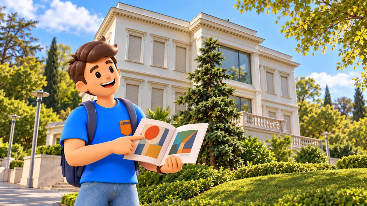 RoadMe character with an art book outside the Sabancı Museum