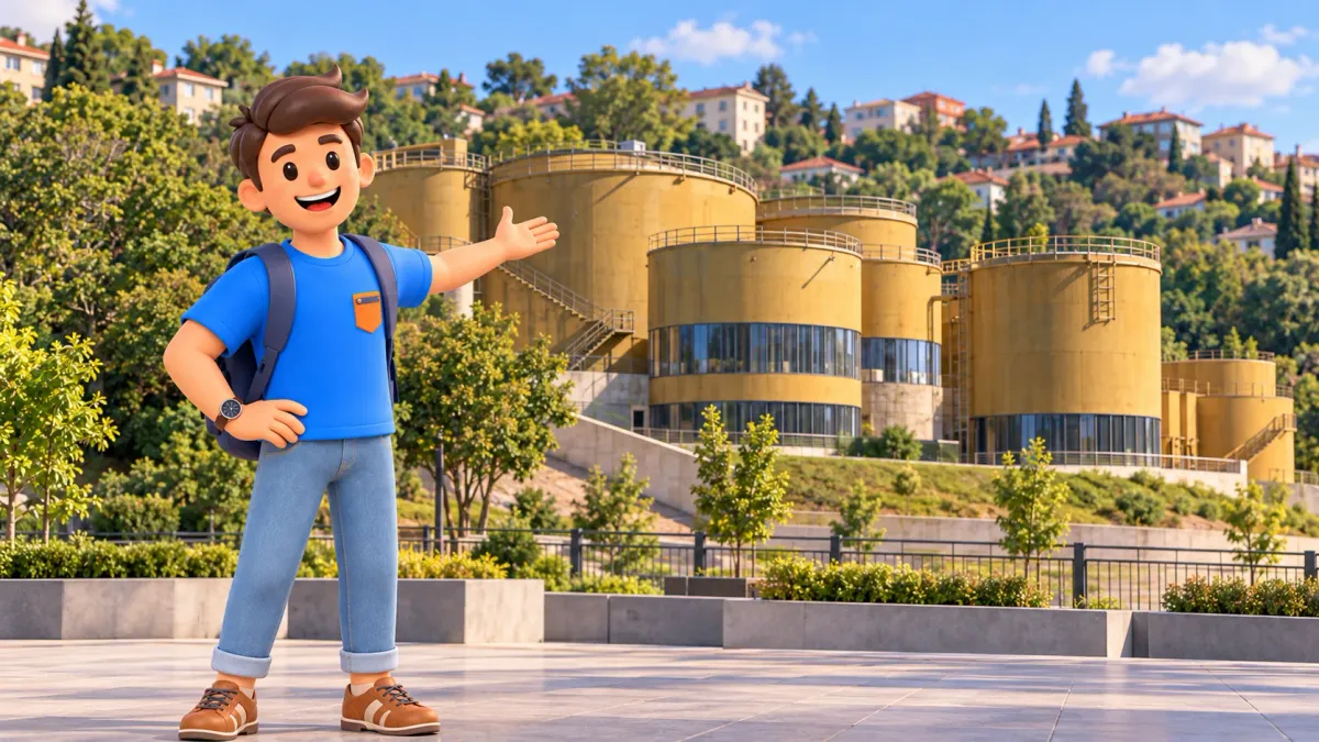RoadMe character presenting the cylindrical buildings of Çubuklu Silos