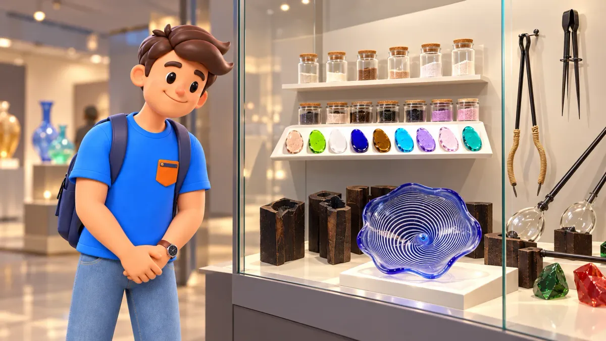 RoadMe character looking at glass and tools in a museum display case
