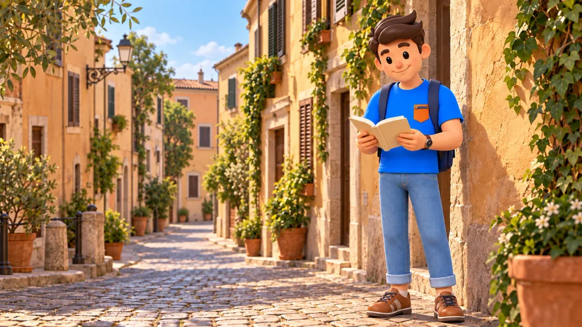 A traveller reads a small guidebook on a Roman street