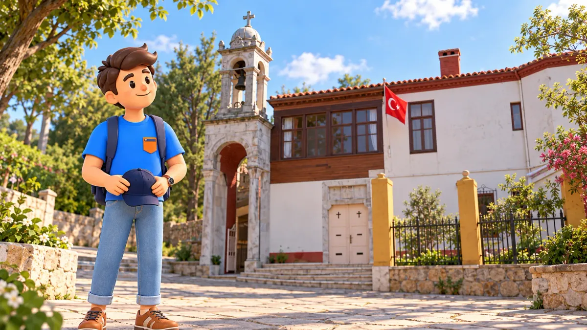 RoadMe character holding a cap outside Aya Yorgi on Büyükada
