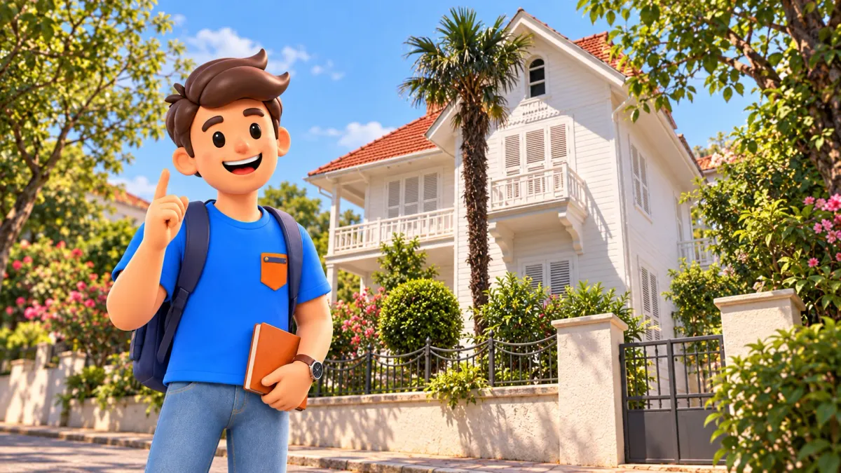 El personaje de RoadMe con un cuaderno ante la casa-museo de Sait Faik en Burgazada