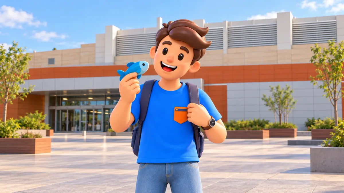 RoadMe character with a toy fish outside Florya’s aquarium