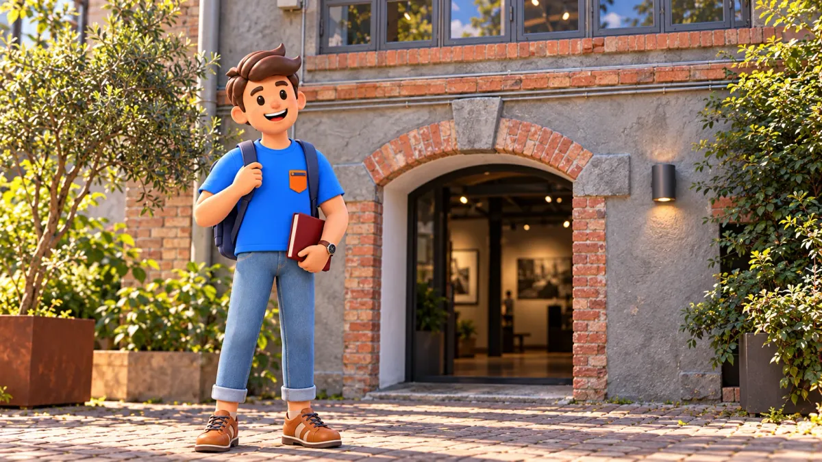 RoadMe character with a photo book by the museum’s brick arch in Bomonti