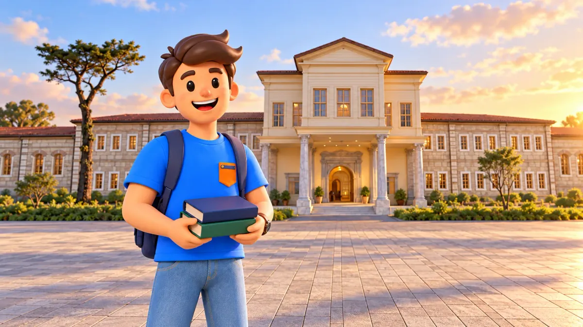 El personaje de RoadMe con libros ante la biblioteca Rami