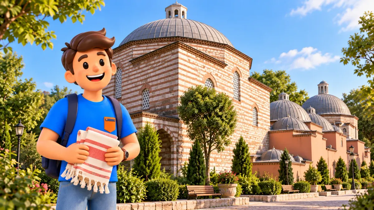 Le personnage RoadMe avec un pestemal devant le hammam Hürrem Sultan