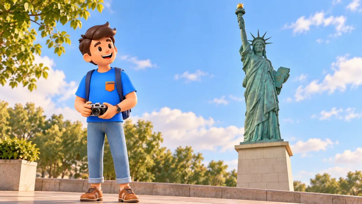 RoadMe-Reisender mit Kamera betrachtet die Pariser Freiheitsstatue
