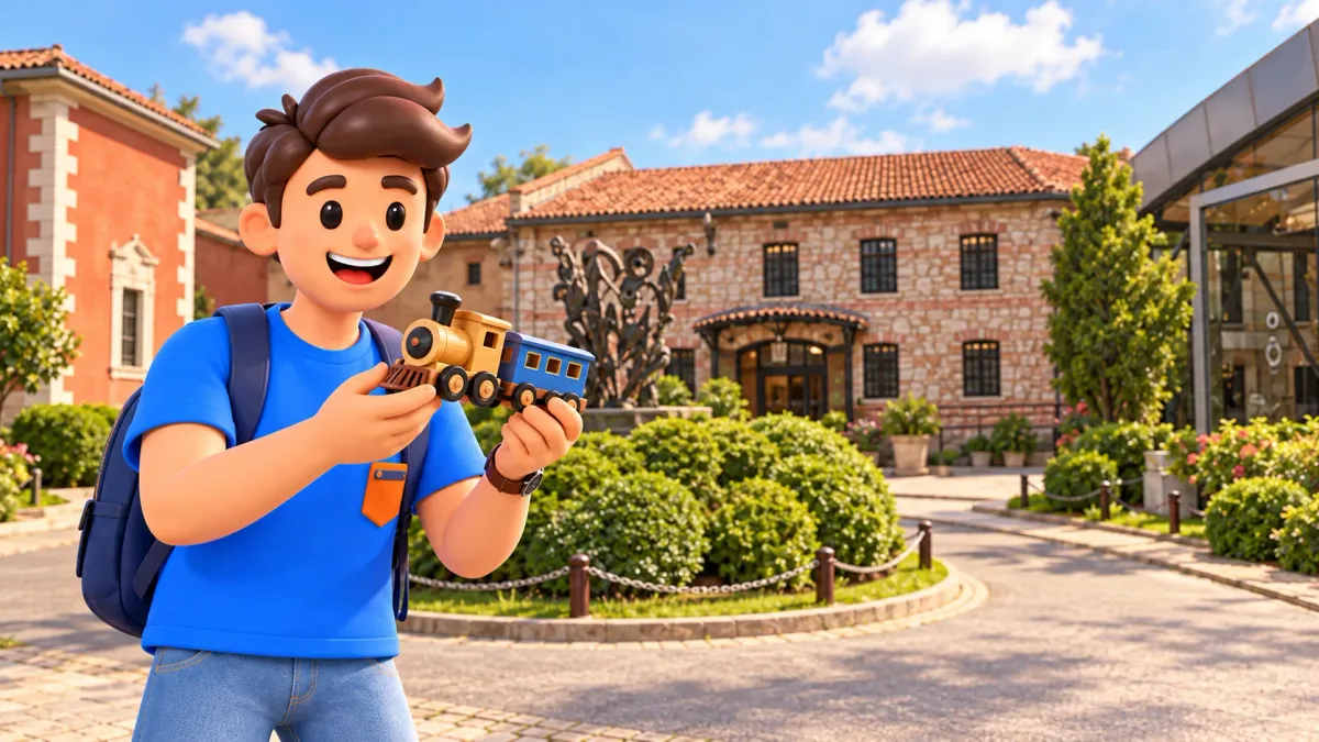 El personaje de RoadMe con un tren de juguete en el patio del Museo Rahmi Koç