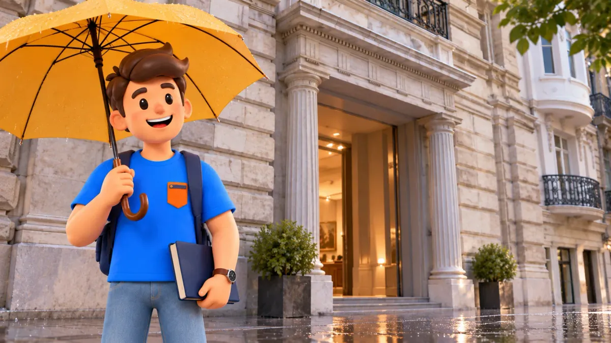 Die RoadMe-Figur mit Regenschirm am Eingang des Pera-Museums