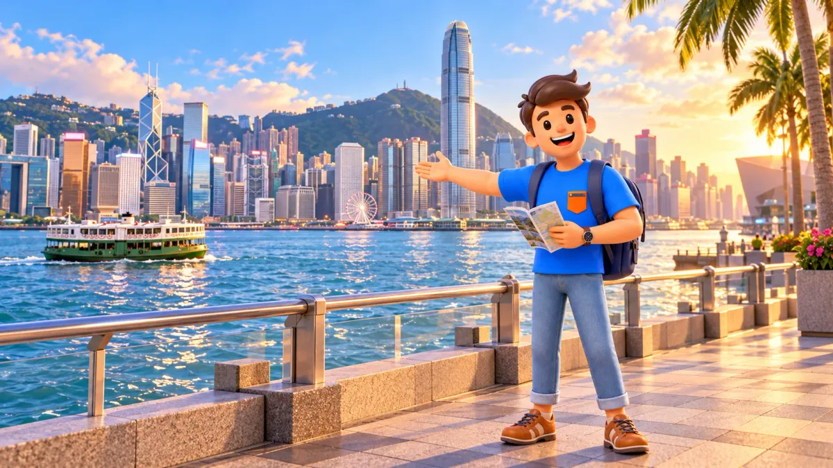 Viajero con un folleto junto al puerto de Hong Kong