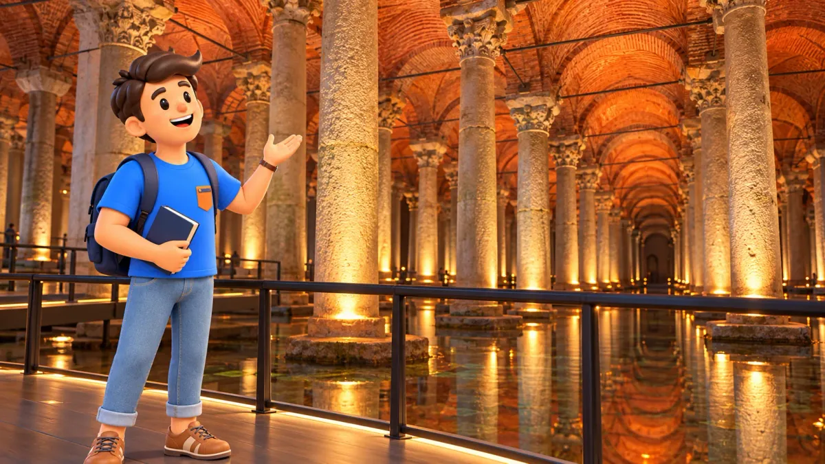 RoadMe character on a walkway in the Basilica Cistern