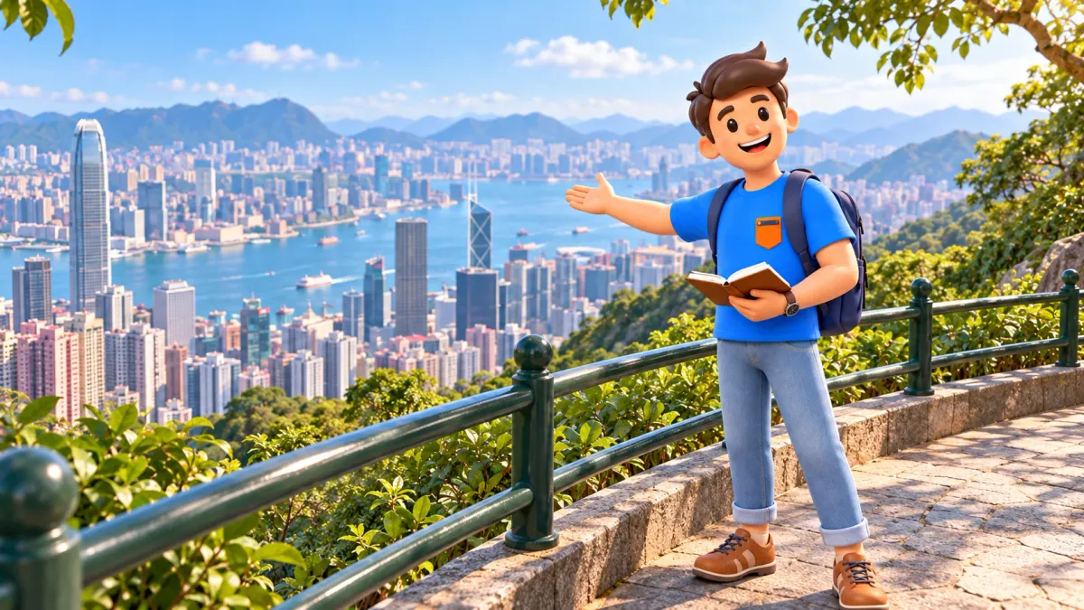 Traveller with a notebook on a hillside overlook above Hong Kong harbour