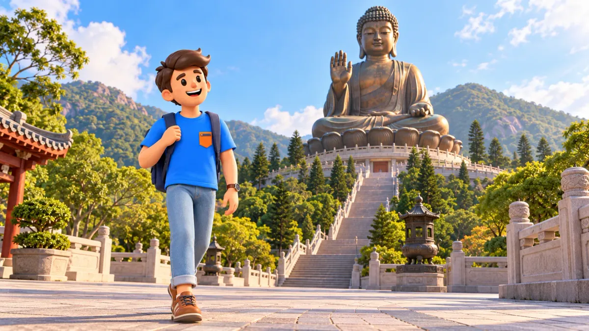 Viajero ante el gran Buda de bronce en Lantau