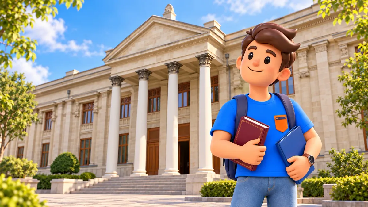 El personaje de RoadMe ante el edificio clásico de los Museos Arqueológicos