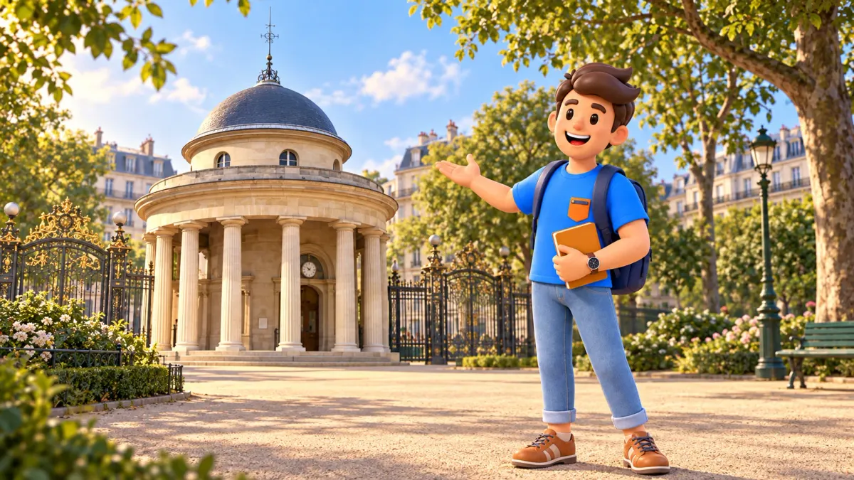 RoadMe traveler beside the former Barrière de Chartres rotunda at Parc Monceau