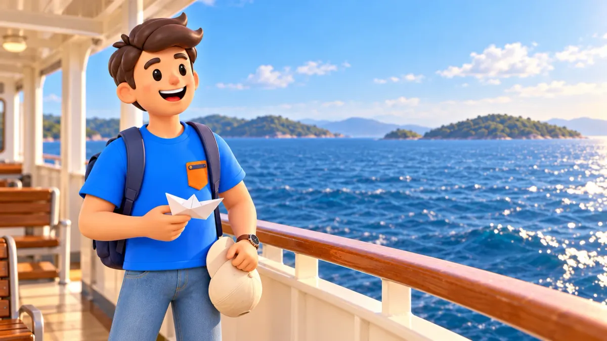 Le personnage RoadMe avec un bateau en papier sur un ferry vers les îles