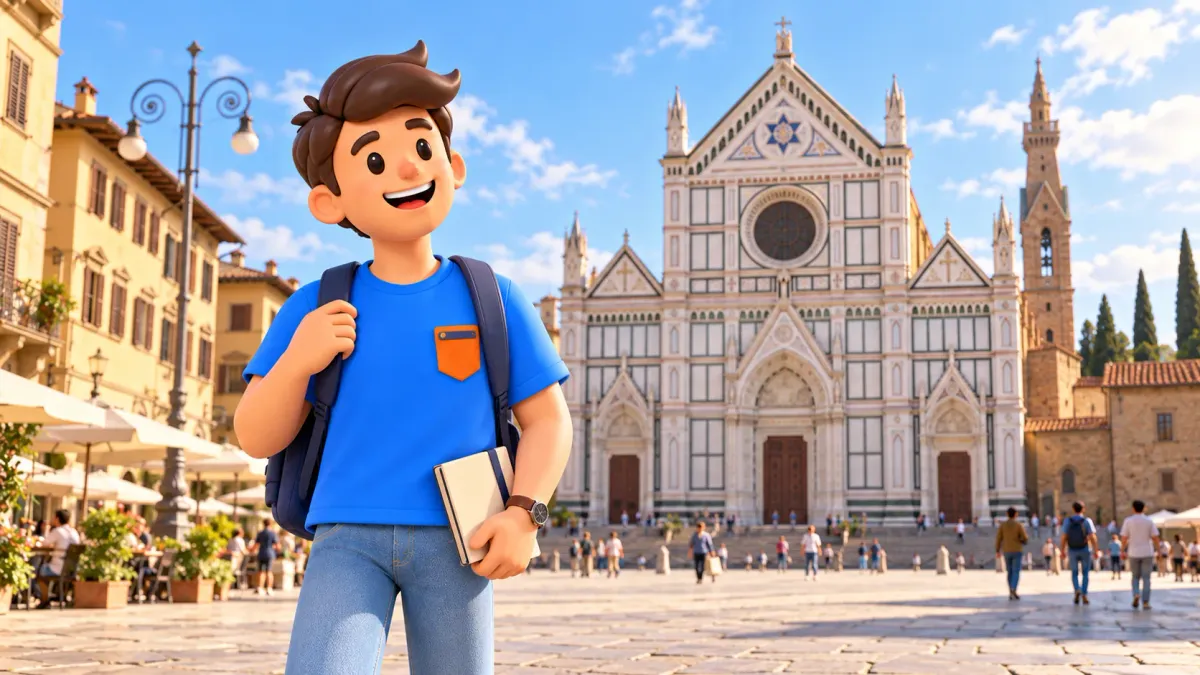 Voyageur avec un carnet devant la basilique Santa Croce à Florence