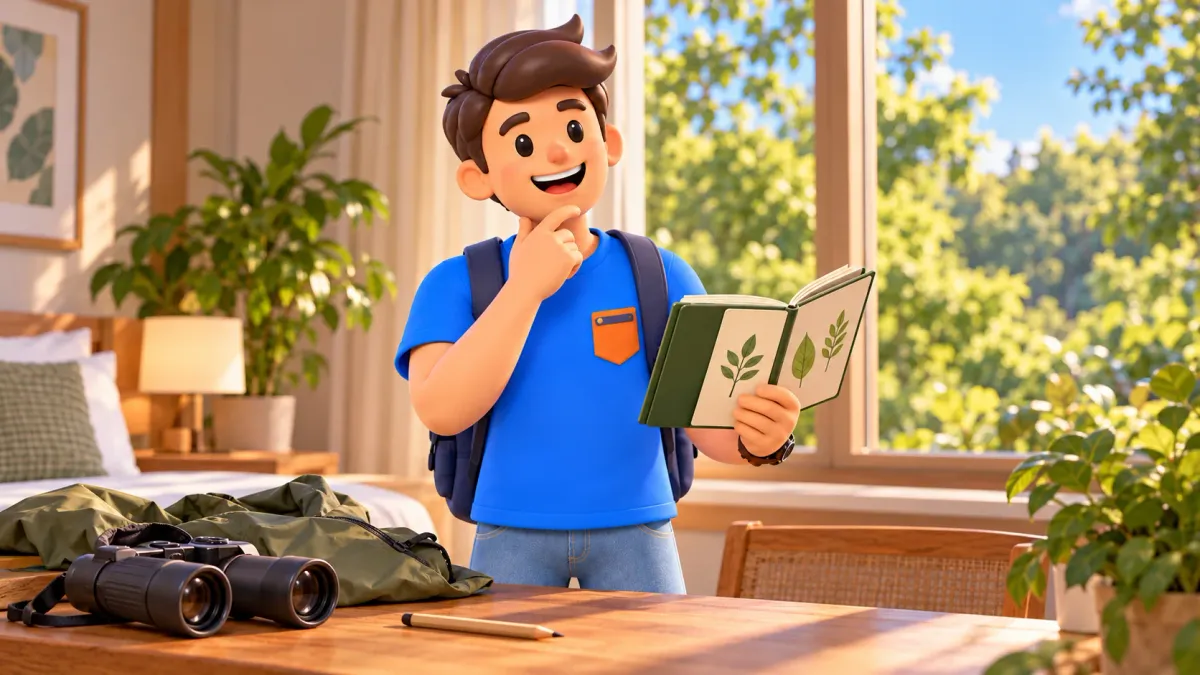 Traveller planning a green outing with a journal and binoculars