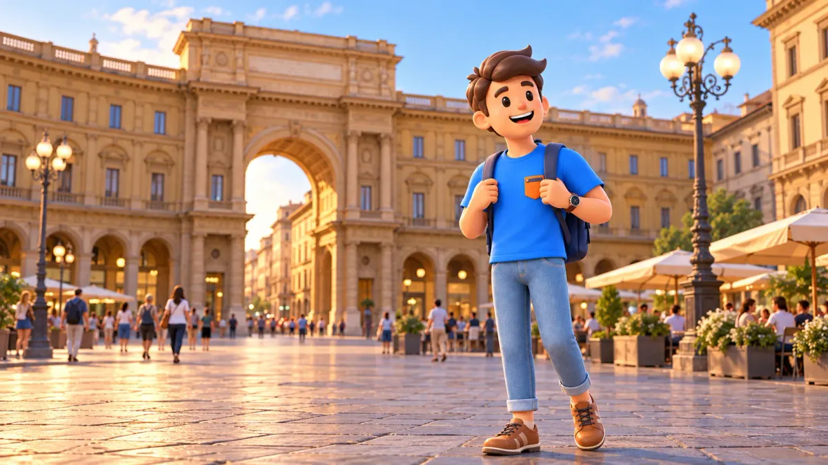 Traveler on Piazza della Repubblica in Florence in evening light