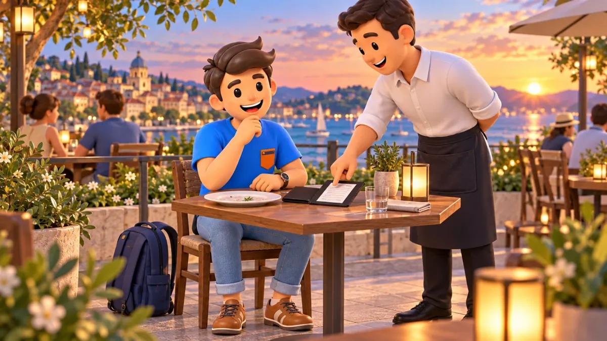 Una persona comprueba la cuenta del restaurante mientras un camarero explica un concepto en la carpeta.