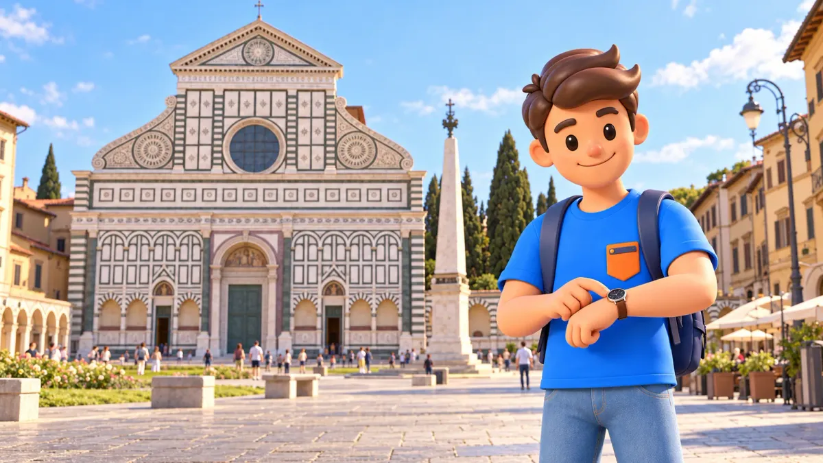 Viajero mirando su reloj ante la basílica de Santa Maria Novella