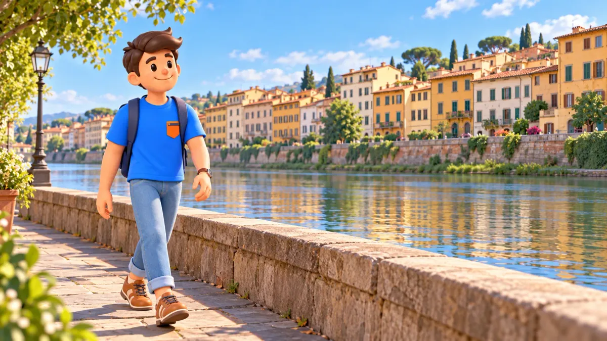 Viajero paseando sin prisa junto al Arno después del museo