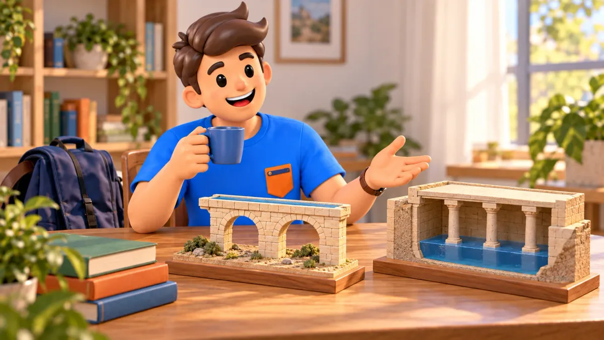 Voyageur comparant des maquettes pédagogiques d’aqueduc et de citerne