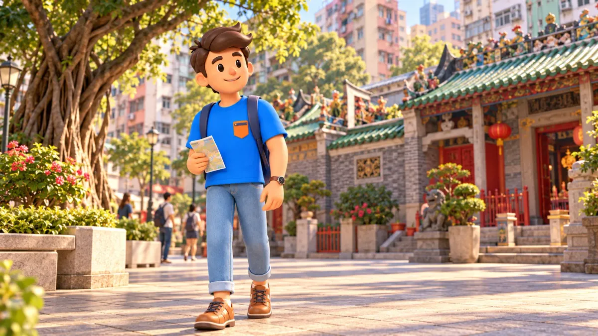 Viajero con folleto en una plaza junto a un templo tradicional de Kowloon