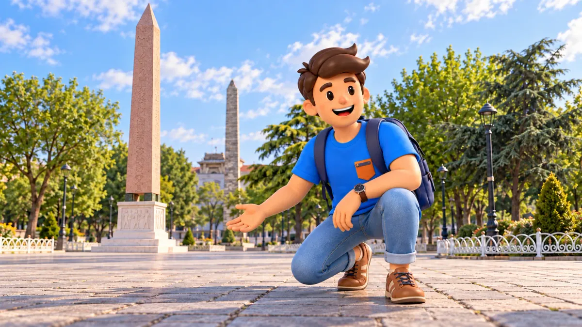 Traveller reading the square beside two different obelisks