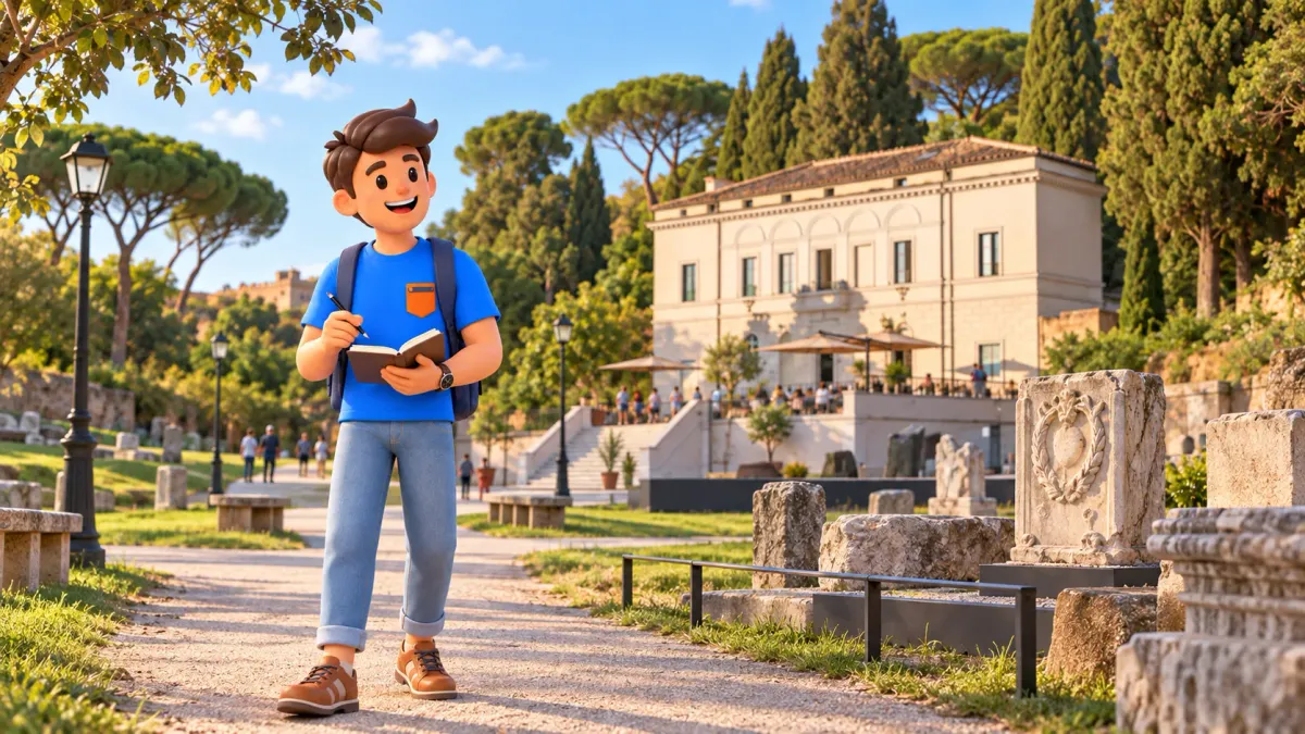 Un viajero con cuaderno en el Parque Arqueológico del Celio