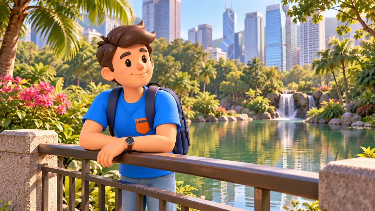 Traveller resting at a railing beside a lake, trees and a small waterfall