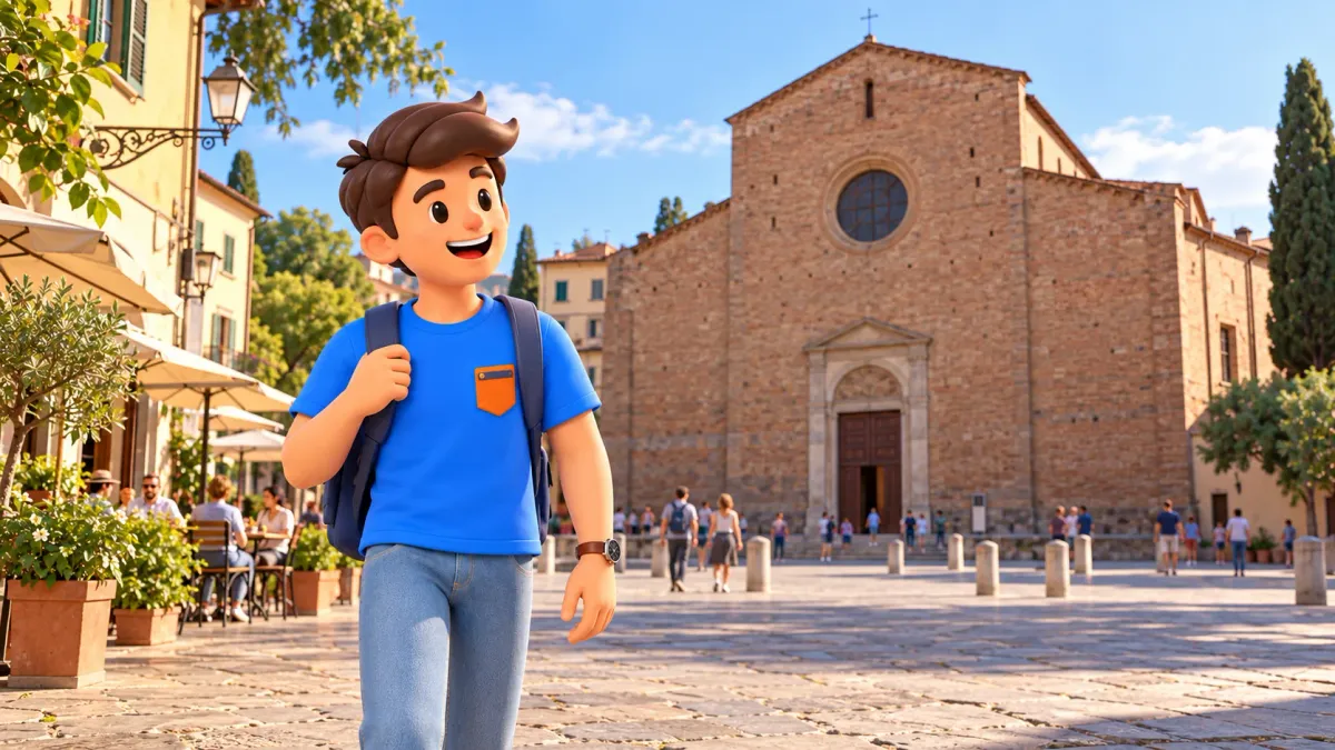 Viajero ante una fachada de iglesia inacabada en Piazza del Carmine