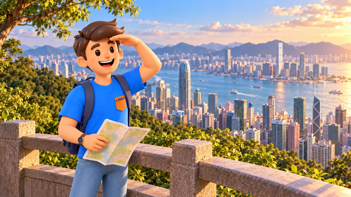Personnage avec une carte regardant le port derrière une balustrade
