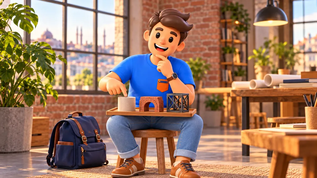 Voyageur avec des maquettes de formes industrielles