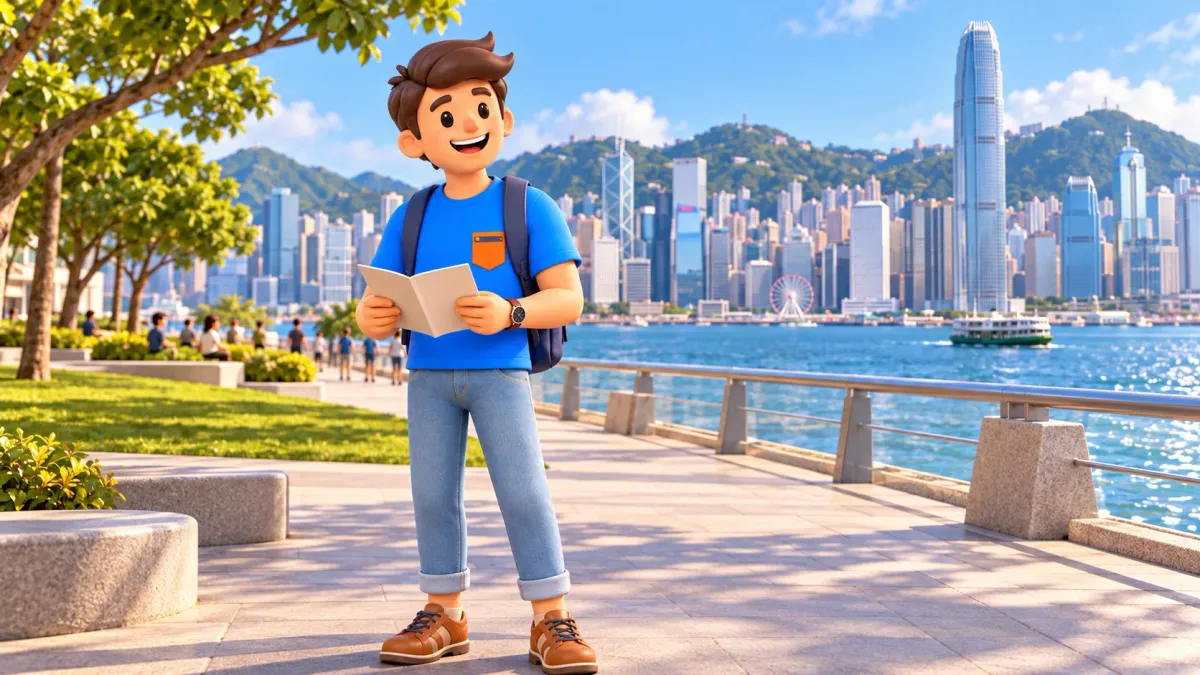 Character holding a museum leaflet on the waterfront beside the harbour
