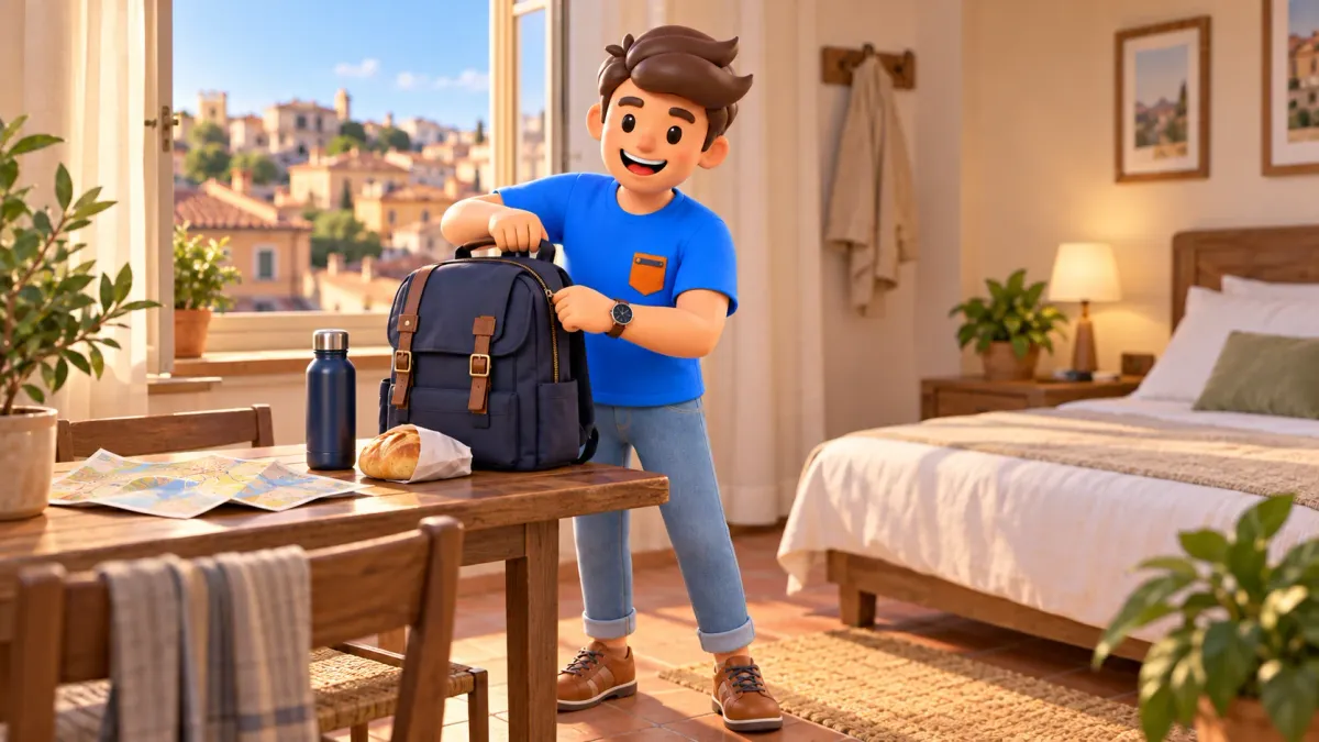 A traveller packs a backpack for a walk through eastern Rome