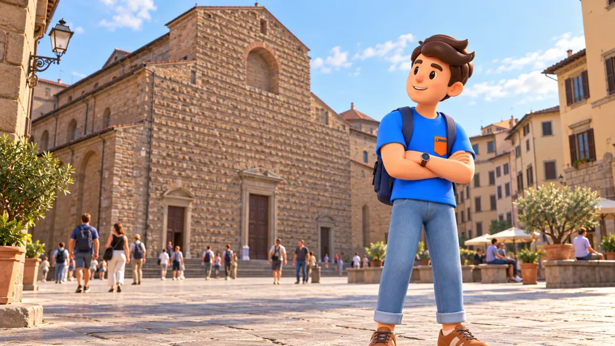 Traveler looking at San Lorenzo basilica’s unfinished facade