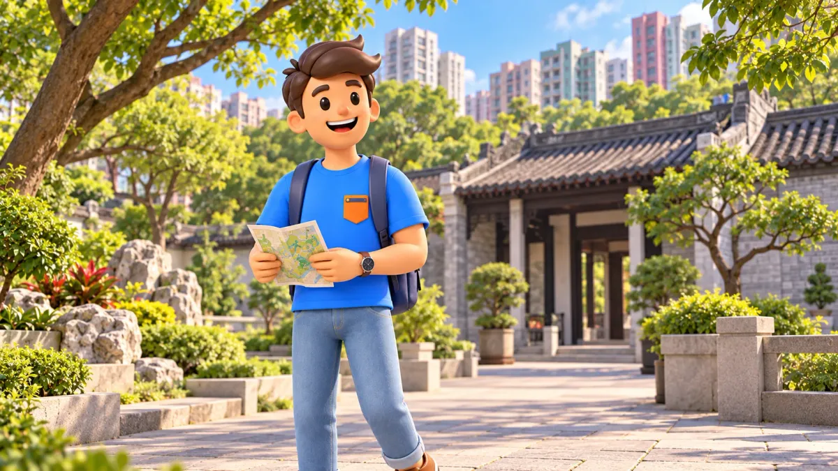 Personaje con plano en un parque ante un edificio bajo con tejado de tejas