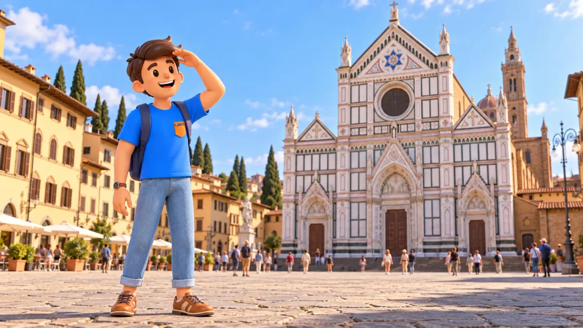 Voyageur protégeant ses yeux du soleil devant la basilique Santa Croce