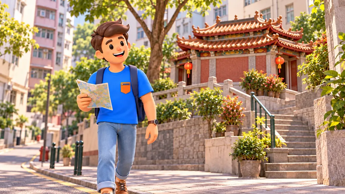 Personnage avec une carte dans une rue près d’un temple aux entrées latérales