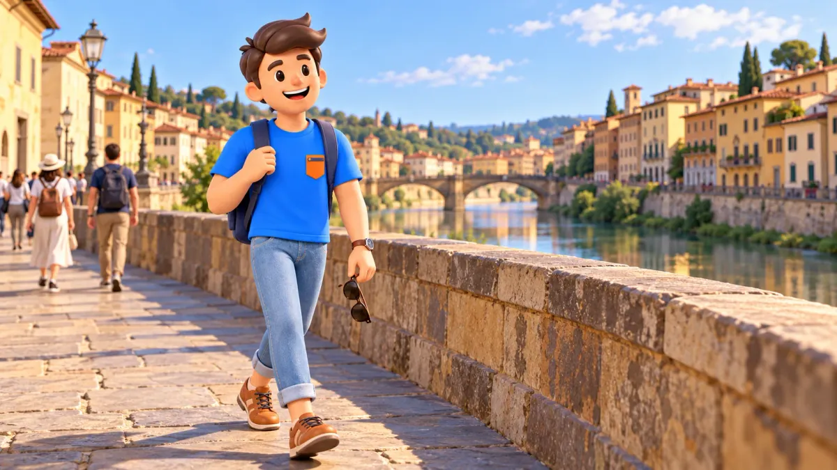 Traveler carrying sunglasses walking beside the Arno