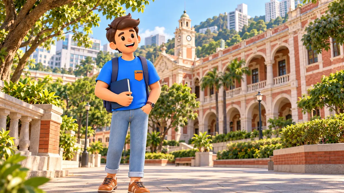 Figur mit Buch vor einem Universitätsbau aus Backstein und Stein