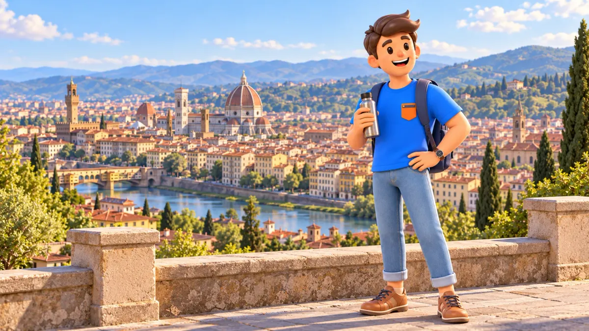 Viajero con botella de agua en una terraza con panorama estilizado de Florencia