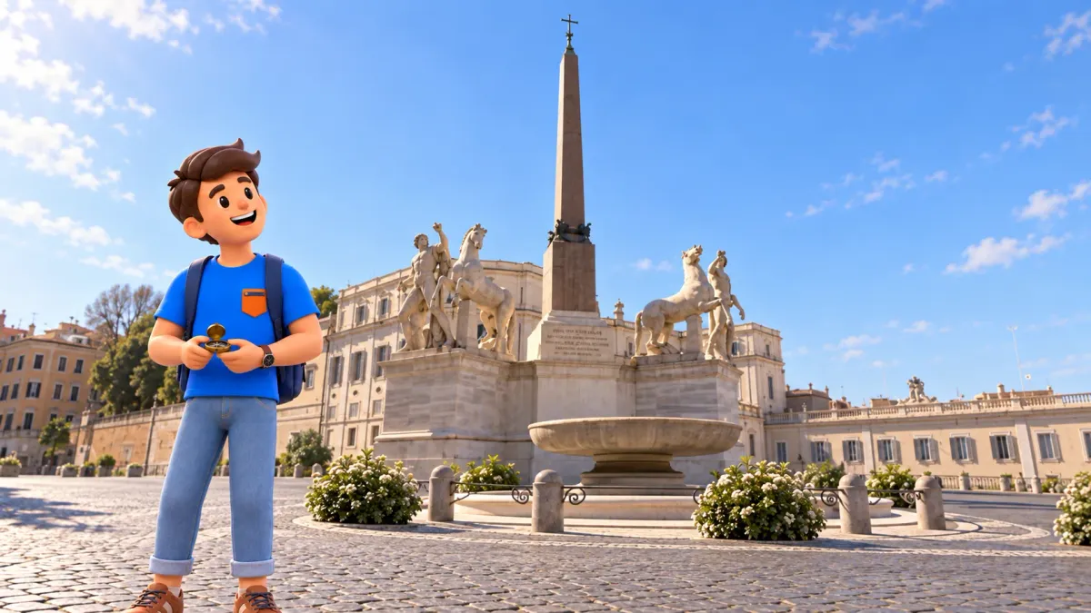 Ein Reisender mit Kompass vor Dioskuren und Obelisk auf dem Quirinalsplatz