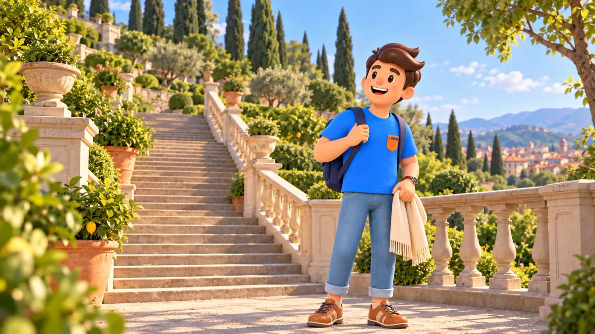Viajero con bufanda junto a la escalera y terrazas de un jardín histórico