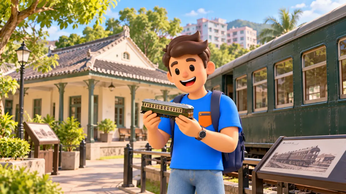 Viajero con una maqueta ferroviaria junto a un vagón antiguo y una estación baja