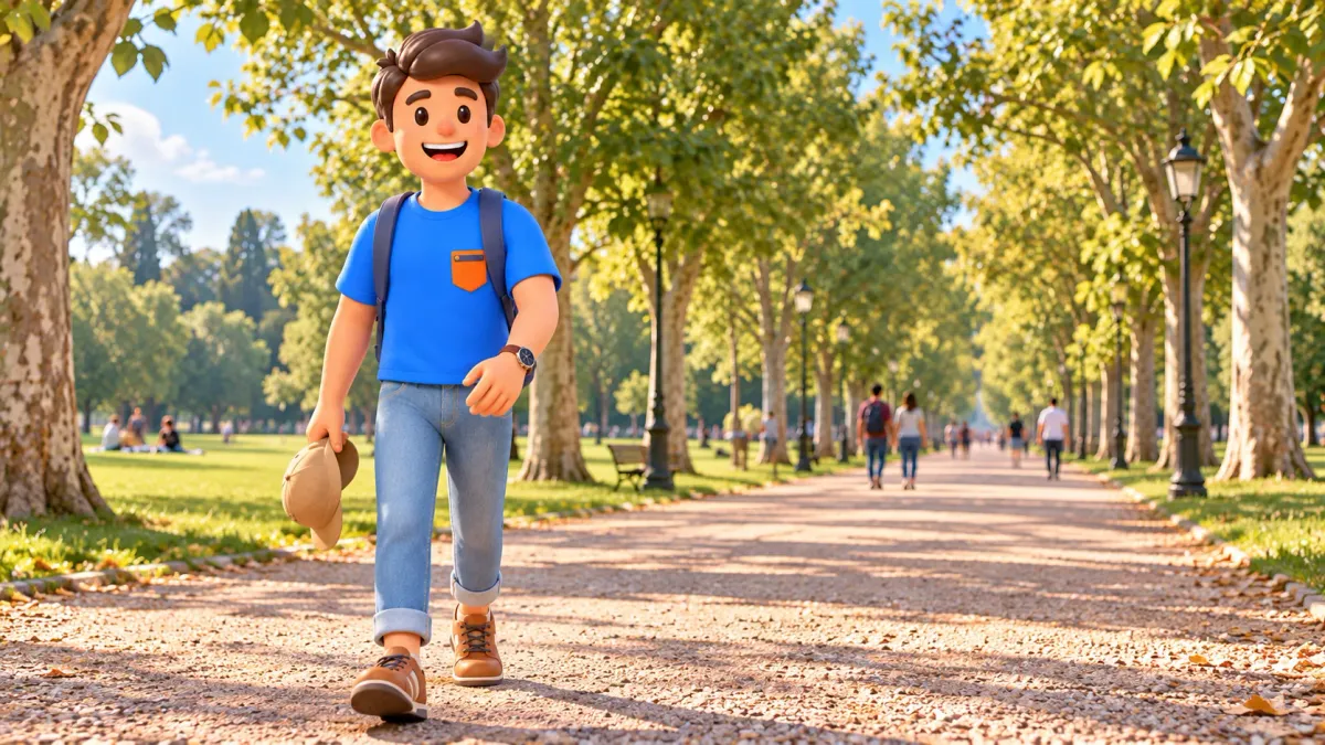 Viajero con gorra en la mano caminando por una avenida del parque